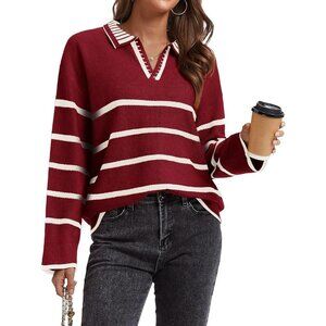 Women’s Burgundy Fall Polo Sweater Striped V Neck Long Sleeve Pullover